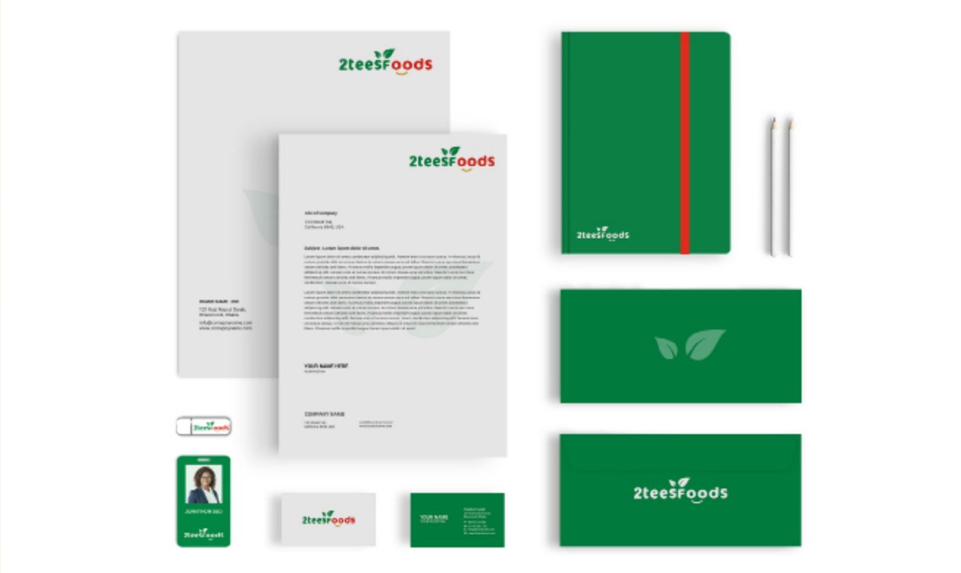 2teesFoods letterhead, notebook, envelopes, business cards and ID badge