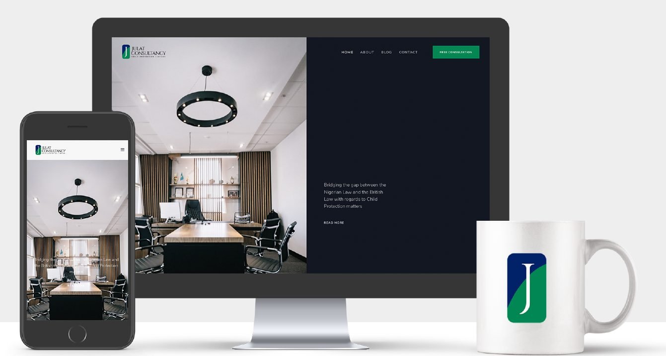 Julat Consultancy website on desktop and mobile beside a branded mug